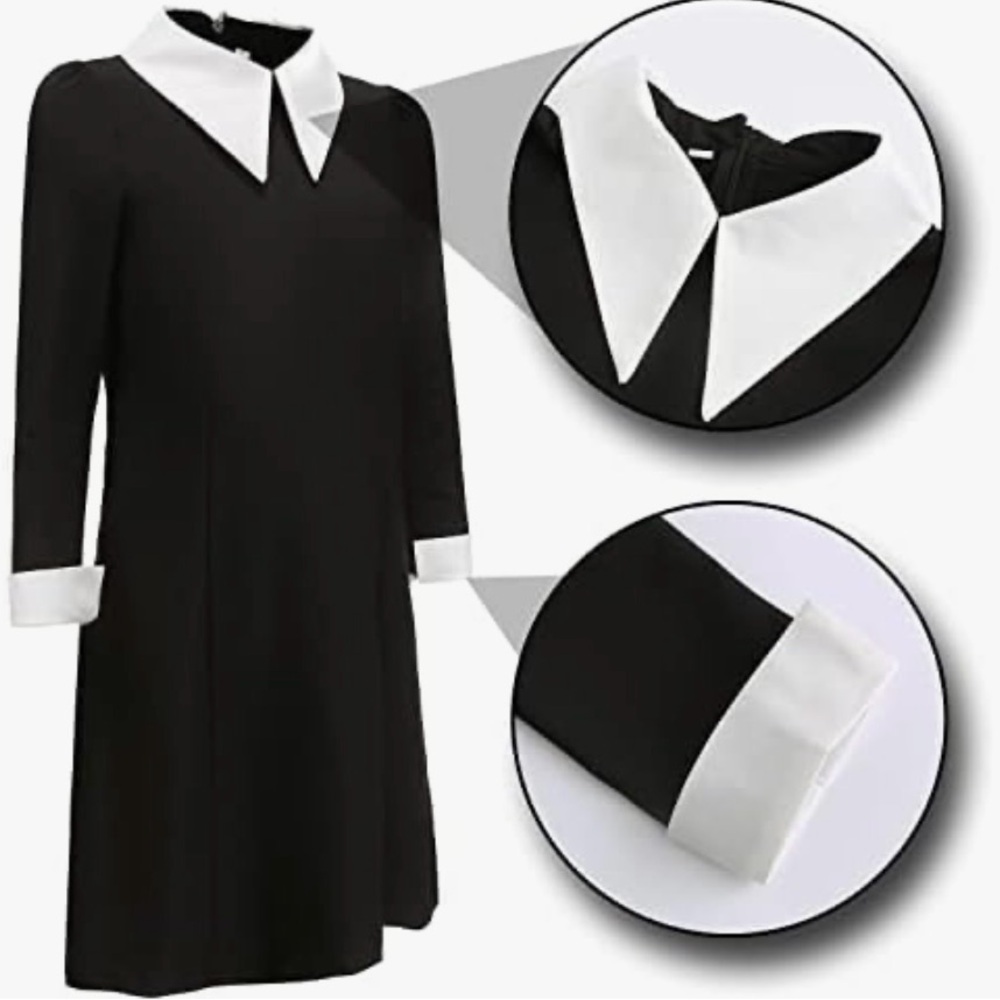 Wednesday&wig ADDAMS (Small)DRESS Black w white collar and cuffs.w Black wig.